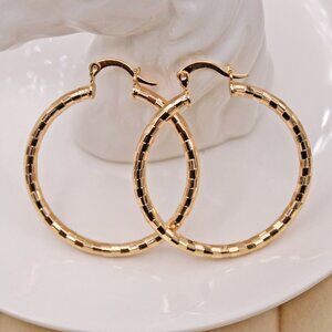 18K Yellow Gold Filled Rectangle Carved Hoop Dangle Earrings 37mm Party Gift